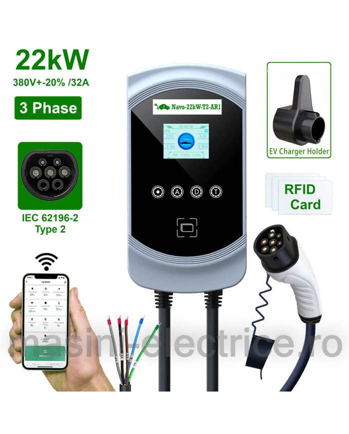 Statie de incarcare 22KW cu cablu Type 2, RFID si Aplicatie telefon